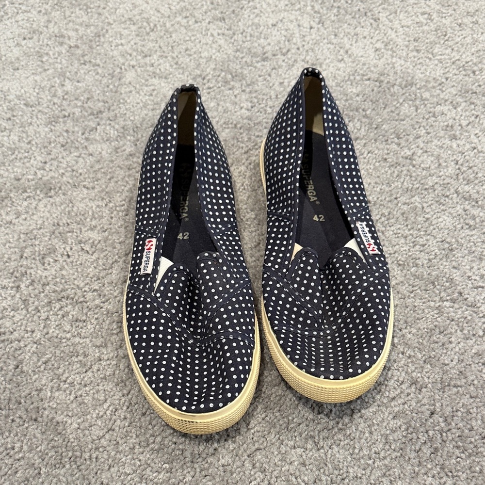 Superga Navy and White Polka Dot Flats